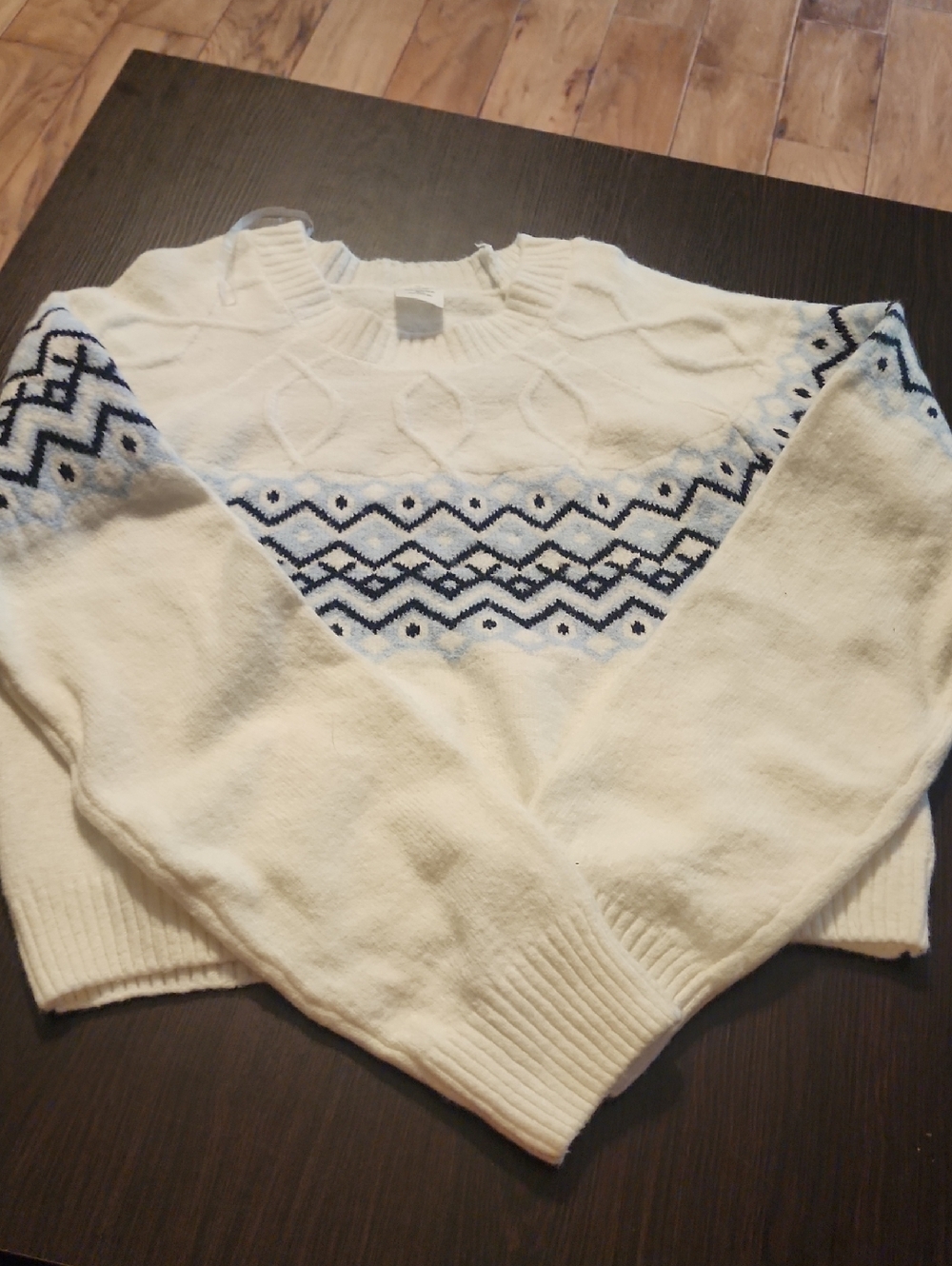 No Boundaries Cream Crewneck Sweater with Navy Fair Isle Detail